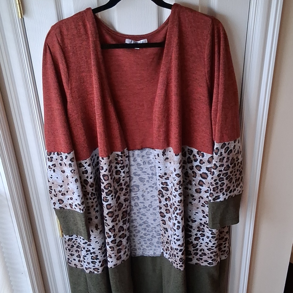 Long Kimono Open Front Kimono Cover Up Rust and Olive Animal Print Cardigan